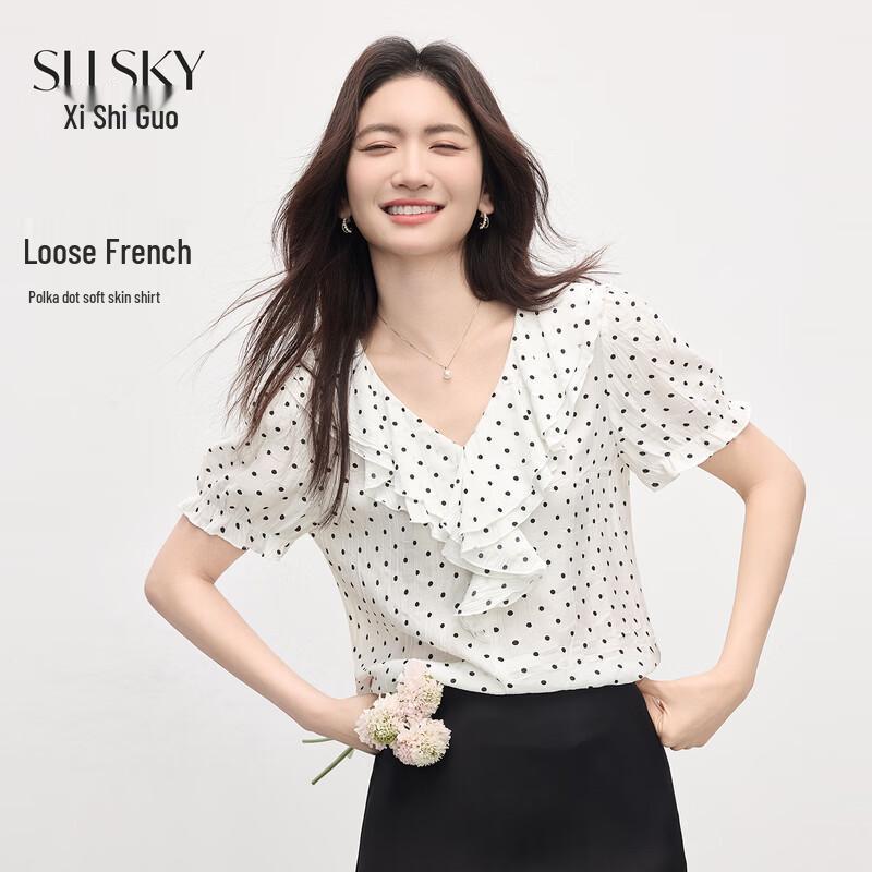 Women s French Style Polka Dot Short Sleeve Chiffon Blouse L