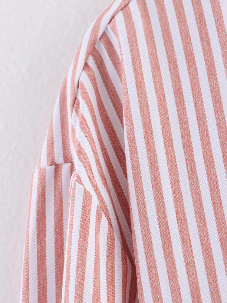 2025 Spring Women's European & American Style Long Sleeve Striped Shirt with Turn-Down Collar