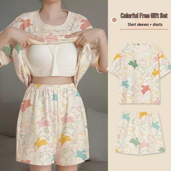 Women's Plus Size Imitation Cotton Summer Pajama Set with Built-in Bra, Casual & Sweet Design for Indoor/Outdoor Wear.