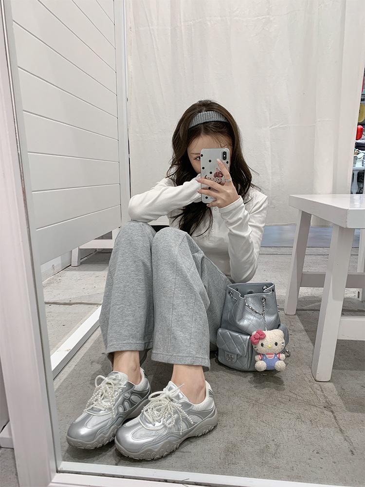 

Su Yinyin of the same style] The new color is coming~ The inner height of the crescent moon is increased, lace pearl casual moral training shoes, wome 35