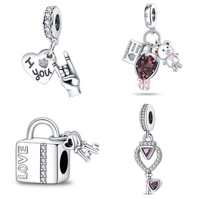 925 Silver Original DIY Style Jewelry Accessories Pendant Bracelet Beads Creative Love Key Palm Heart-shaped Pendant