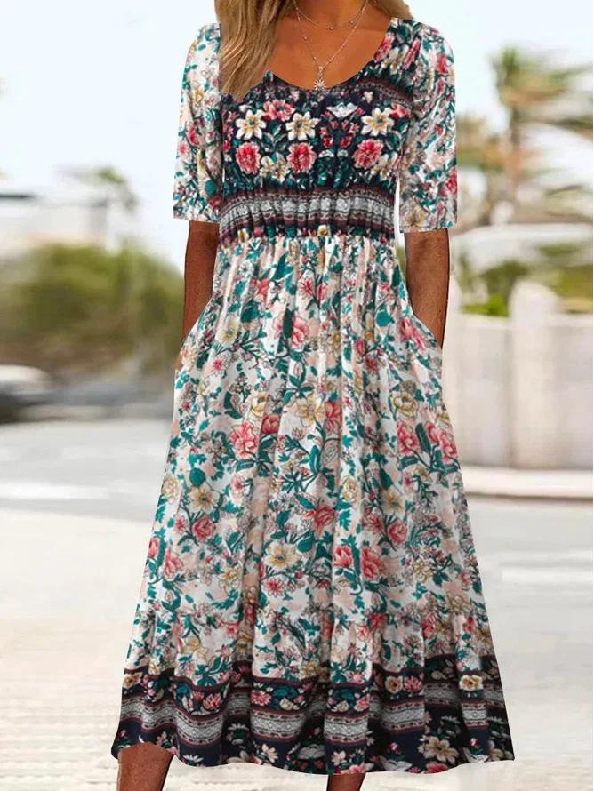 2024 Summer Bohemian Print Women's Maxi Dress with Round Neck and Short Sleeves