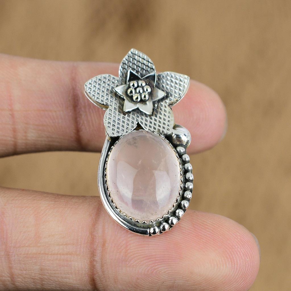 Natural Rose Quartz Gemstone 925 Sterling Silver Pendant Flower For Girls