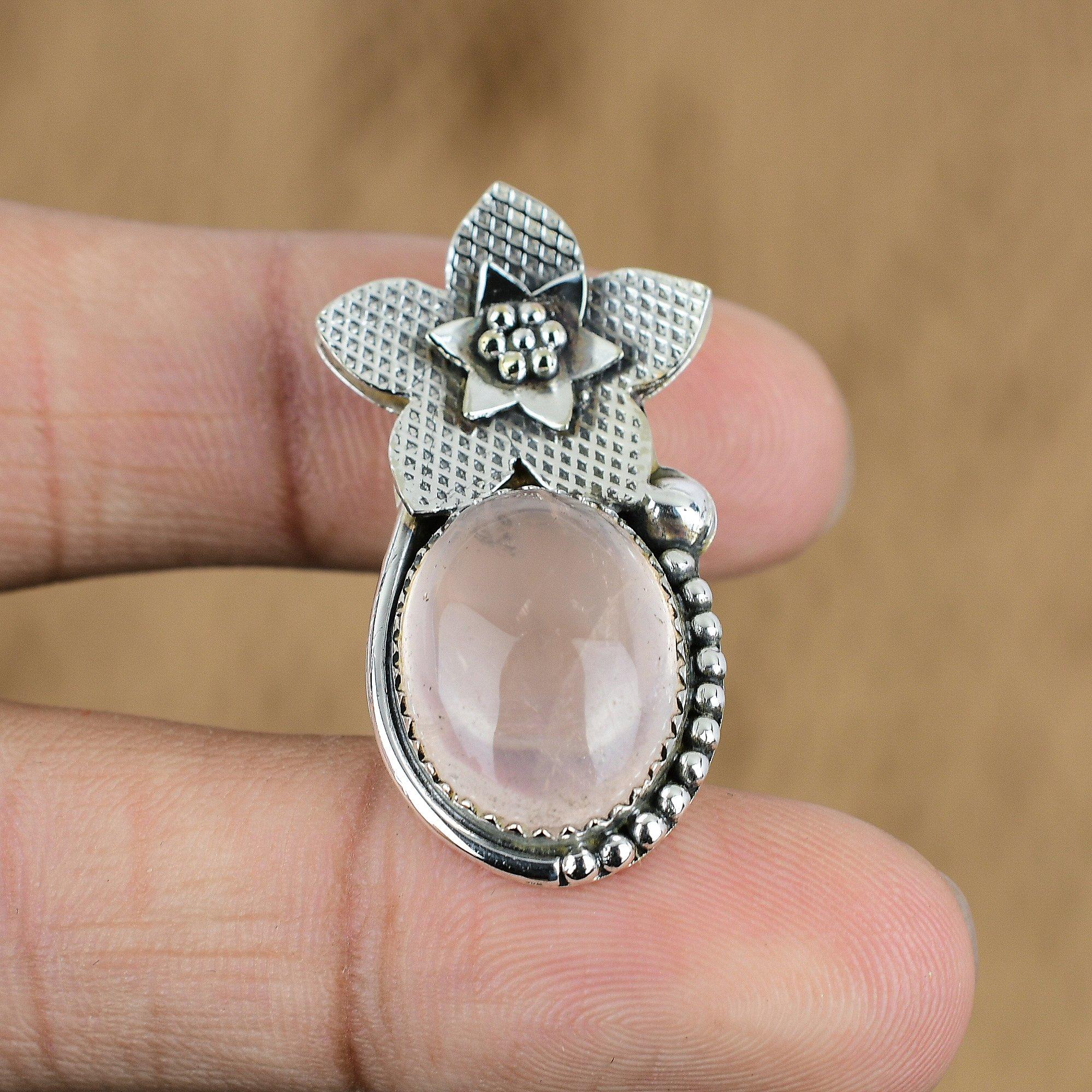 

Natural Rose Quartz Gemstone 925 Sterling Silver Pendant Flower For Girls