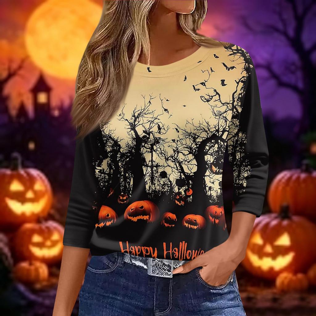 Women 3/4 Sleeve Loose Fit Casual Halloween Print T Shirt Round Neck Pullover Top for Autumn and Spring