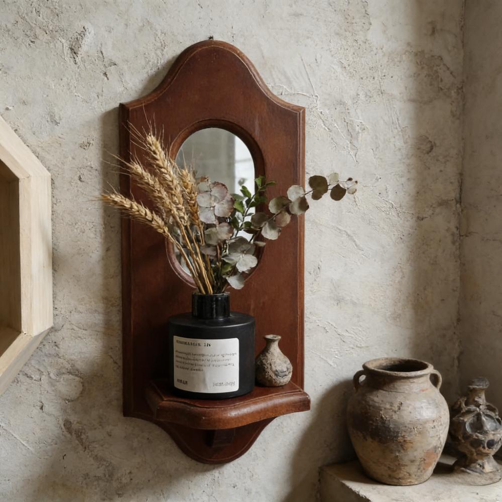 Vintage Wall Mirror with Shelf, Solid Wood Hanging Decor with Candlestick Holder, Decorative Wall Rack for Cafe & Home