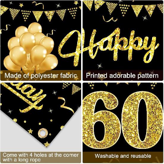 Happy 60th Birthday Banner Decorations for Men Women, Black Gold 60 Birthday Sign Party Supplies for Yard, Funny Sixty Birthday Party Backdrop Decor