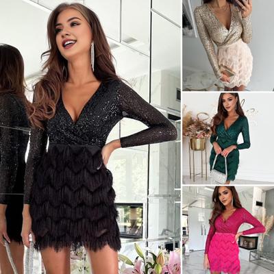 Partykleid für Damen mit glitzernden Pailletten, langen Ärmeln, tiefem V-Ausschnitt, Korsett-Minikleid, Herbst/Winter, Cocktail-Galakleid für Party, Abschlussball, Nachtclub