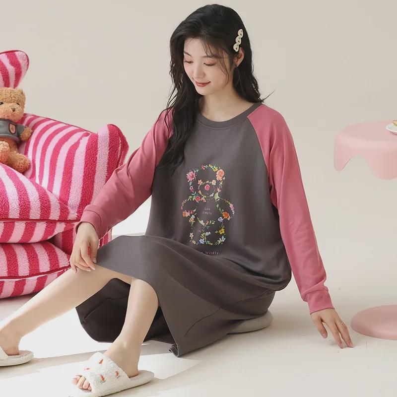 Women's 100% Cotton Knee-Length Long-Sleeve Nightdress for Spring and Autumn