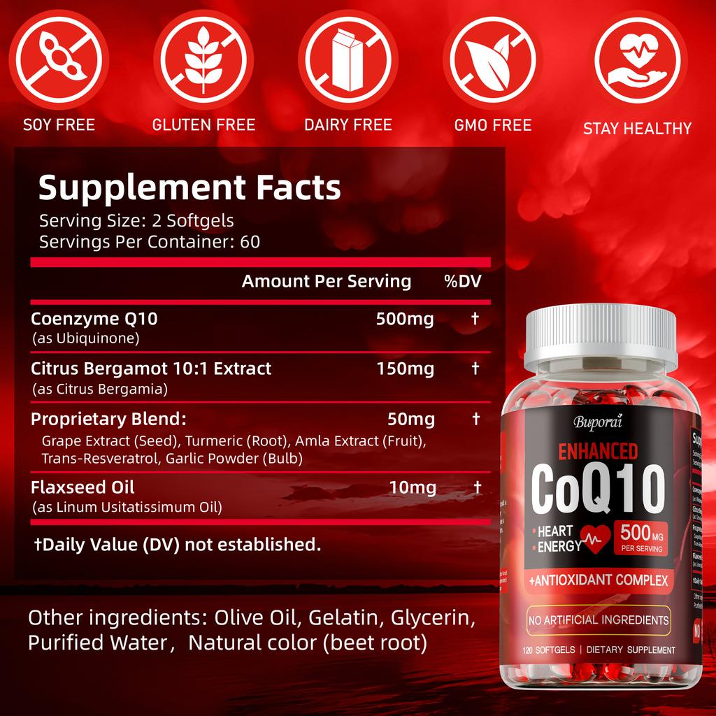 CoQ10 potenziata, 500 mg per porzione, Complesso antiossidante per supportare la salute del cuore e aumentare la produzione di energia, 120 capsule