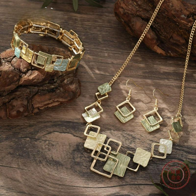 Barevný Olejový Geometrický Čtvercový Náušnice Stud Náramky Náhrdelník Sada, Vysoce Kvalitní Dámská Sada Šperků