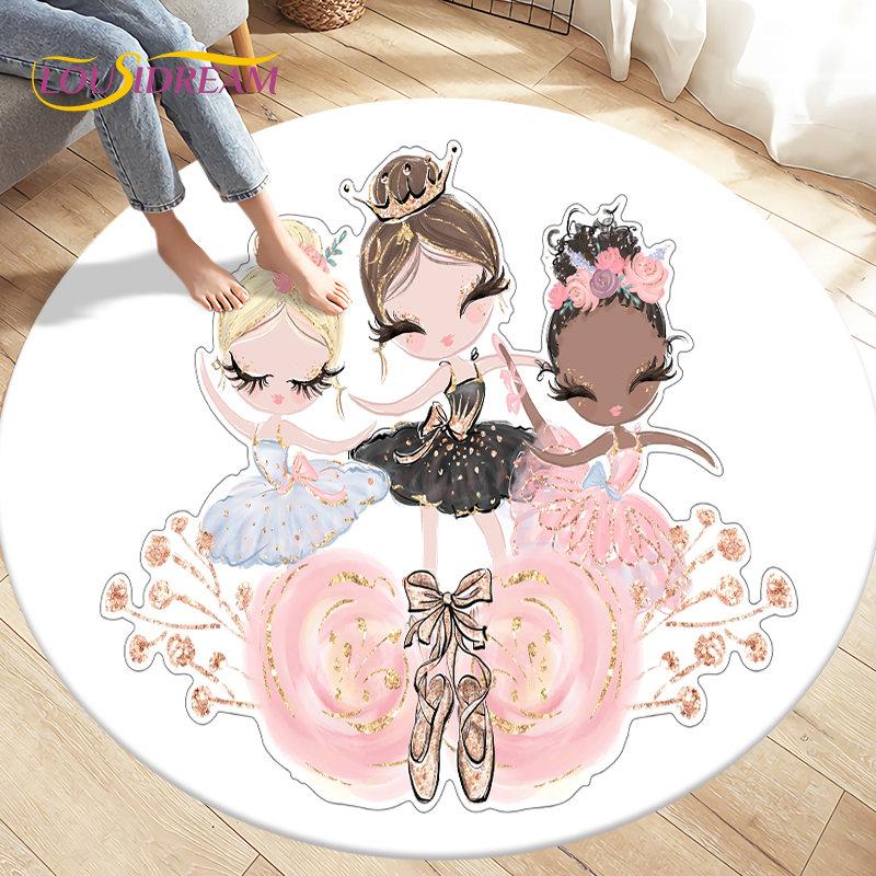 Cute Ballet Girl Ballerina Cartoon Round Area Rug,Carpet for Living Room Bedroom Sofa Playroom Decor,kid Play Non-slip Floor Mat