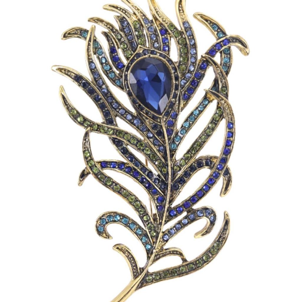 Blue Crystal Peacock Feather Brooch: Elegant Retro Women's Coat Accessory