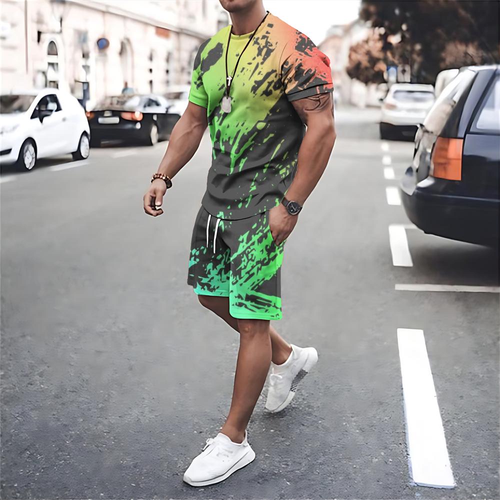 Summer Men Clothing Quick Dry Short Sleeve T Shirt Shorts 2 Piece Sets Print Men's Oversized Tracksuits Street Sportswear Suits