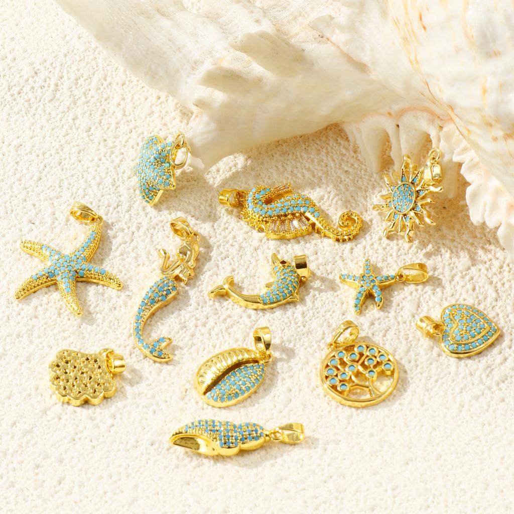2 Pcs Blue Cubic Zirconia Ocean Charms Starfish Mermaid Conch Sun Shaped Melon Brass 18K Gold Plated Pendants For DIY Necklace