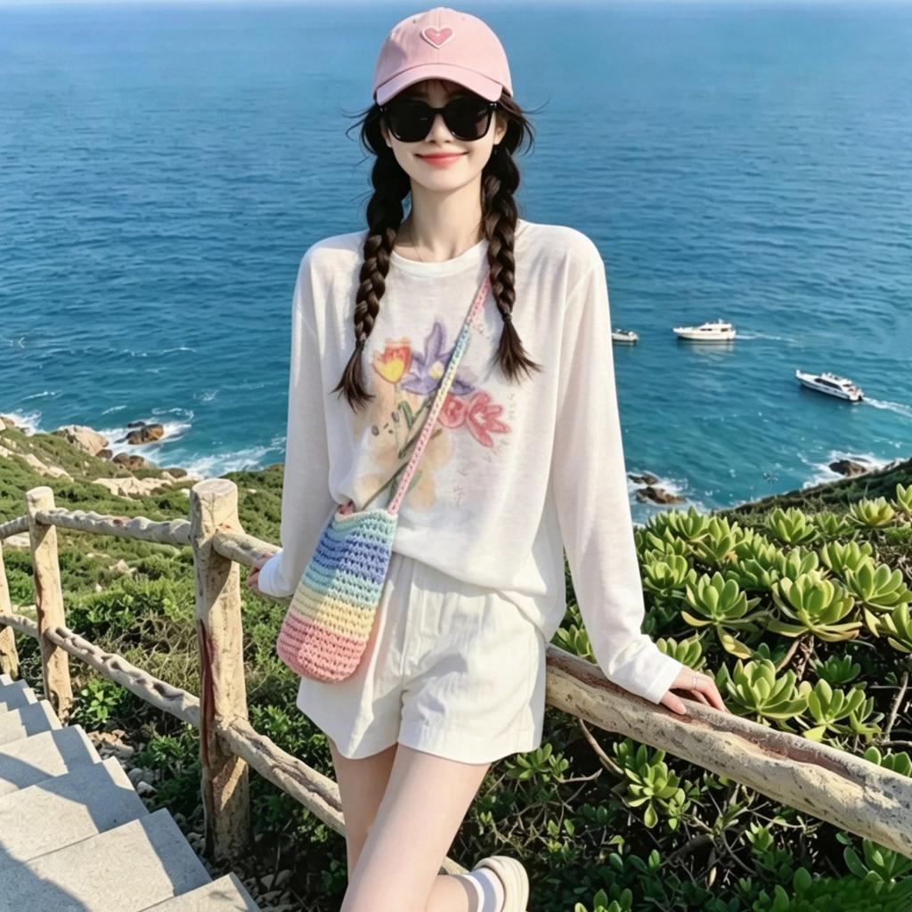 Wear a Long-sleeved T-shirt for Women's Summer New Gentle Wind White Printed Thin Sunscreen Blouse Top