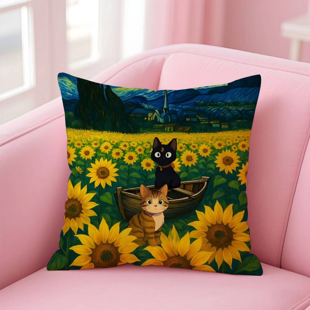 Cat In the Flowers Aesthetic Pillow Case Pattern Printing Pillowcase Living Room Sofa Cushion Cover Bedroom Room Decor