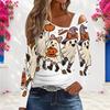 Women Plus Size Asymmetric Cutout Neck Cold Shoulder Long Sleeve Halloween Ghost Pumpkin Printed White Top