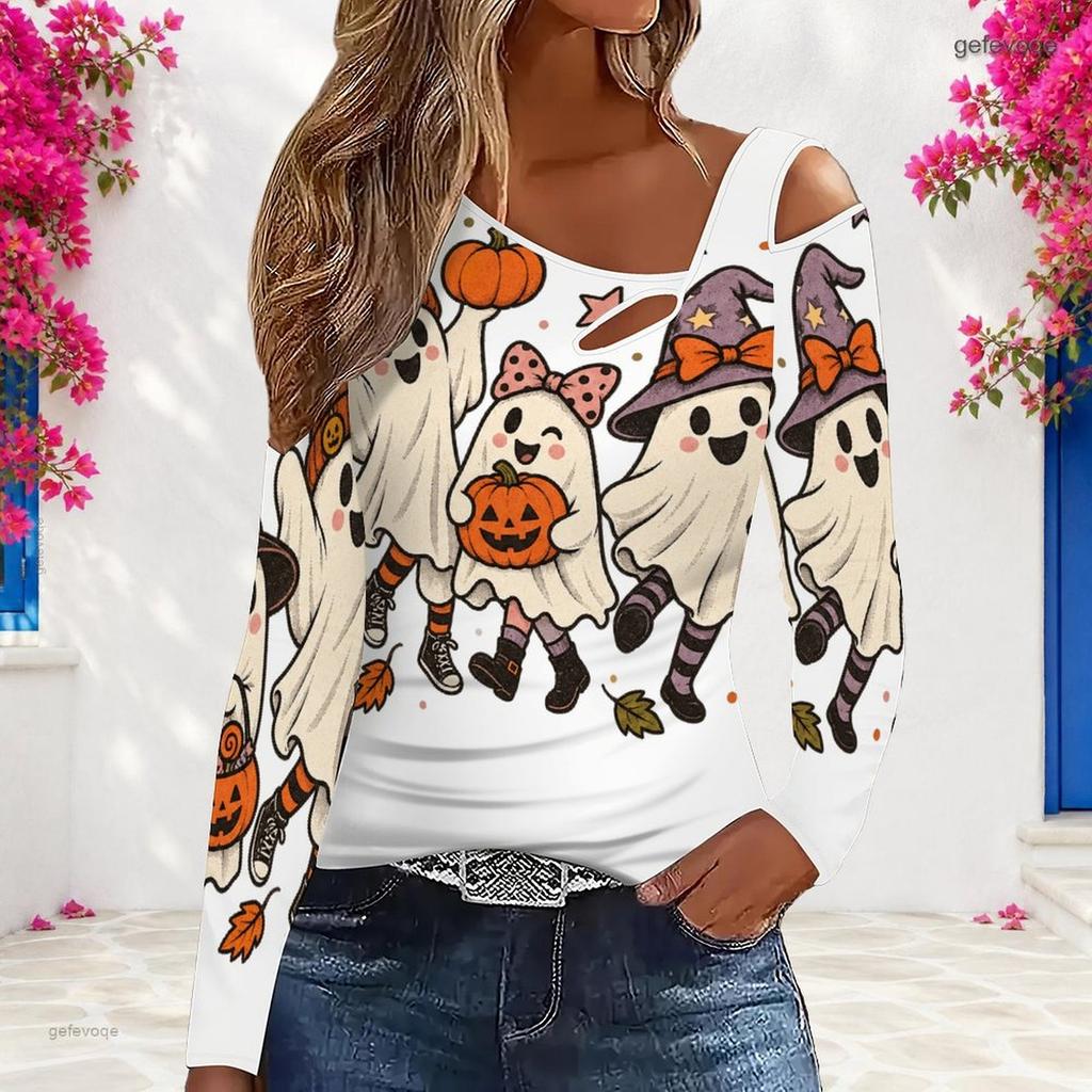 Women Plus Size Asymmetric Cutout Neck Cold Shoulder Long Sleeve Halloween Ghost Pumpkin Printed White Top