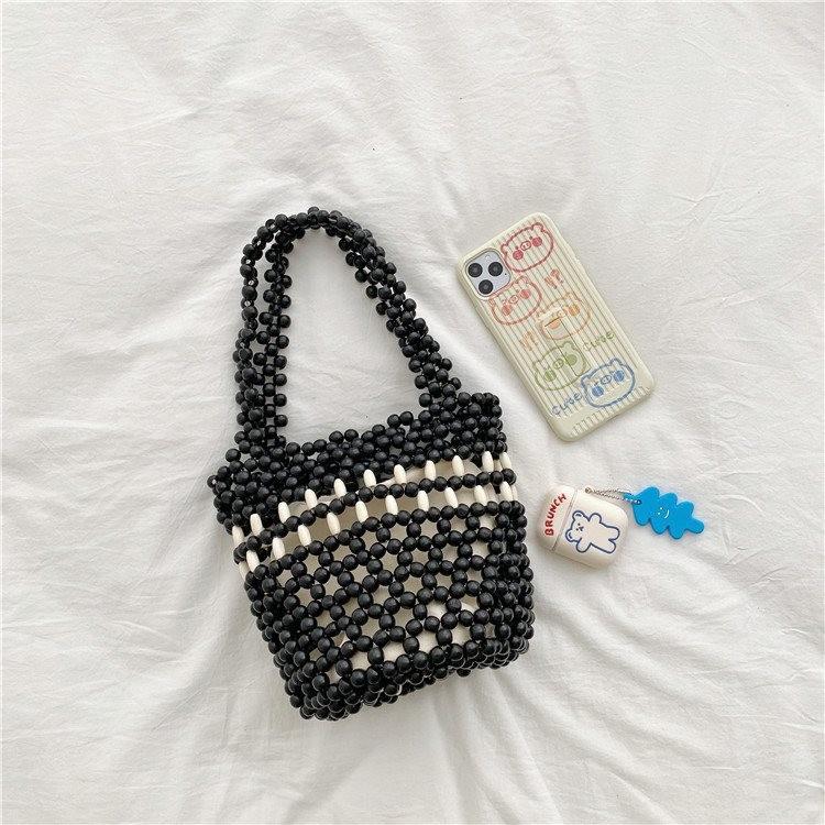 Stylish Summer Bucket Bag In Knitted Design Featuring Unique Colorful Beads