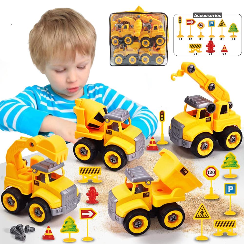 Montessori DIY Assembly Engineering Vehicles 4PCS, Beach Educational Toy for Boys’ Birthday Gifts, Gift Storage Bag Packaging