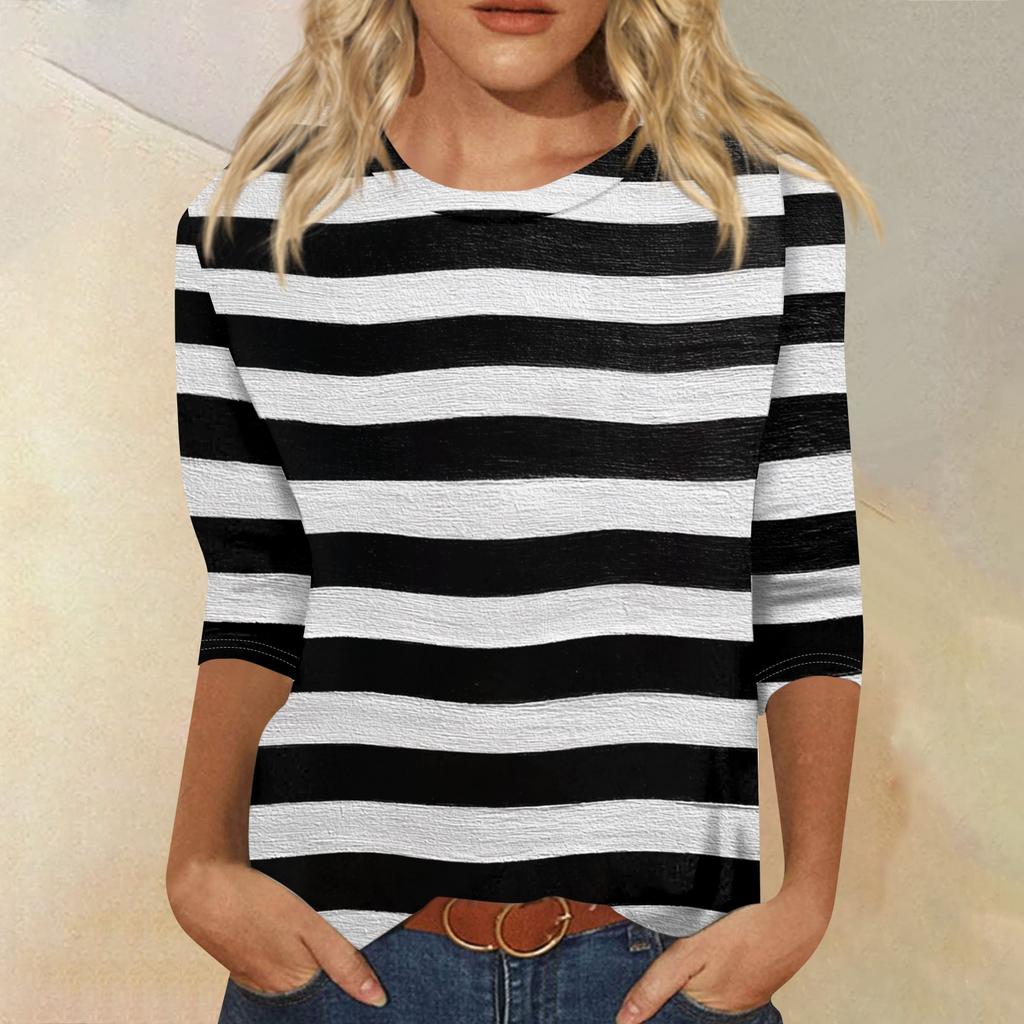 Modisches, lässiges Damen-T-Shirt mit Rundhalsausschnitt, Dreiviertelärmeln und Streifenmuster