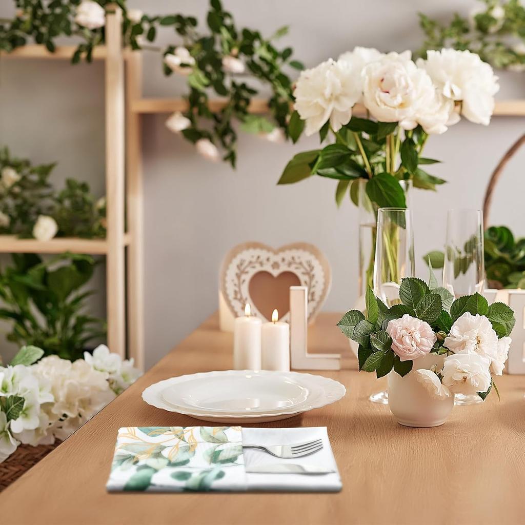 12 Pcs Eucalyptus Greenery Cloth Napkins 20"x20" Washable Dinner Tea Party Napkins for Kitchen Party Wedding Restaurant Indoor Outdoor Botanical