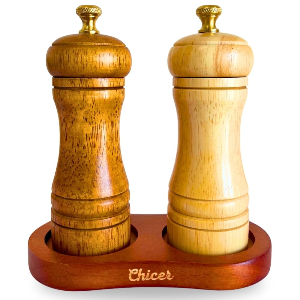

Chicer Pepper Manual Oak Golden Make the Table Set of 2 Mill, Wooden, [Saucer Included] Stylish, Luxury, Wood, Knob, S/P Engraved, Doesn t Clean, (5