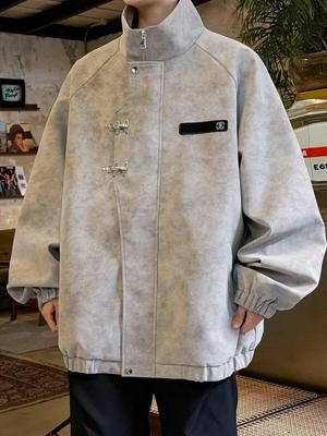 Ρετρό Δερμάτινο Μπουφάν PU Tie-Dye - Ανδρικό με Όρθιο Γιακά, Παχύ, Αδιάβροχο, Εργατικό Ρούχο Κινεζικού Στυλ για Άνοιξη/Φθινόπωρο