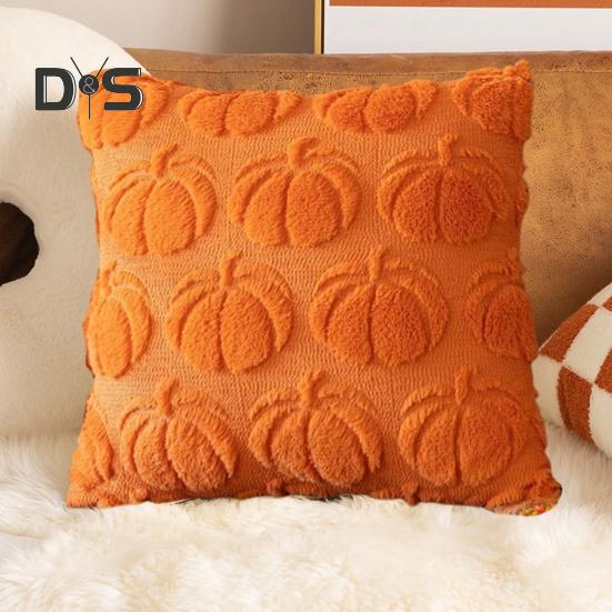 Halloween Pillowcase 3D Pumpkin Pattern Solid Color Hidden Zipper Square Shape Long PV Velvet Bedroom Living Room Sofa Decoration Pillowcase Pillow