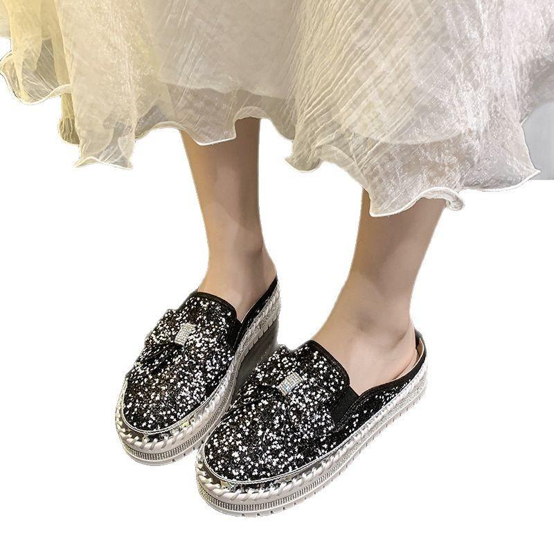 Large Size Casual Single Shoes Women's Spring New Flat Bottom Thick Bottom Round Head Bow Sequined Half Slippers Women