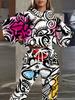 Europe And The United States New Fashion Leisure Sports Hooded Flower Print Sweater Set