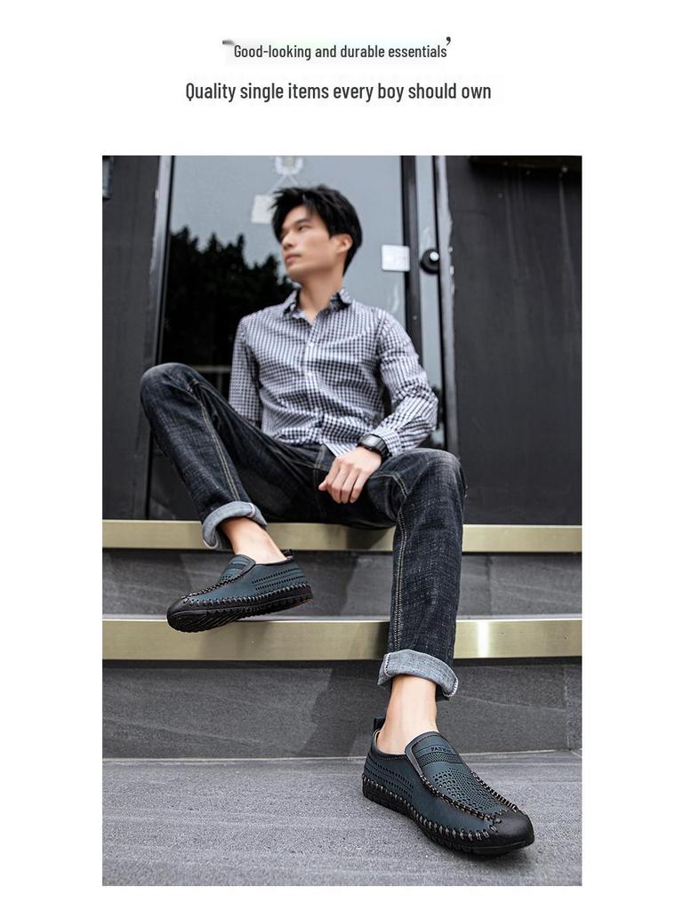 2025 Spring/Summer Plus Size Men's Handmade Non-slip Casual Loafers with Hollow Design
