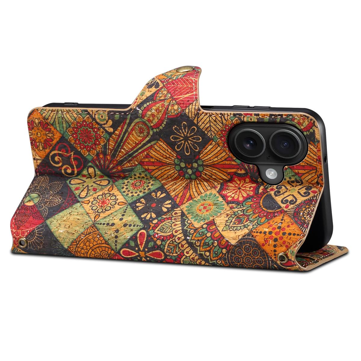

For iPhone 16 Case Flower Printing Stand PU Leather Protective Phone Cover Winter