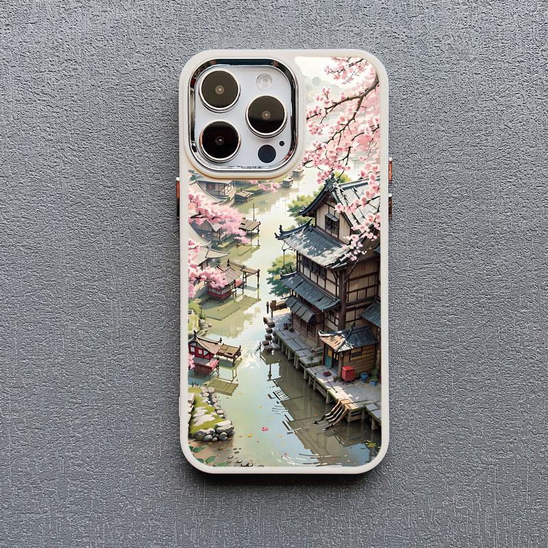 Vintage Oil Painting House Phone Case For iPhone 16 15 14 Pro Max 11 13 12 Pro MAX 7 8 Plus XR X Flower Courtyard Silicone Cover