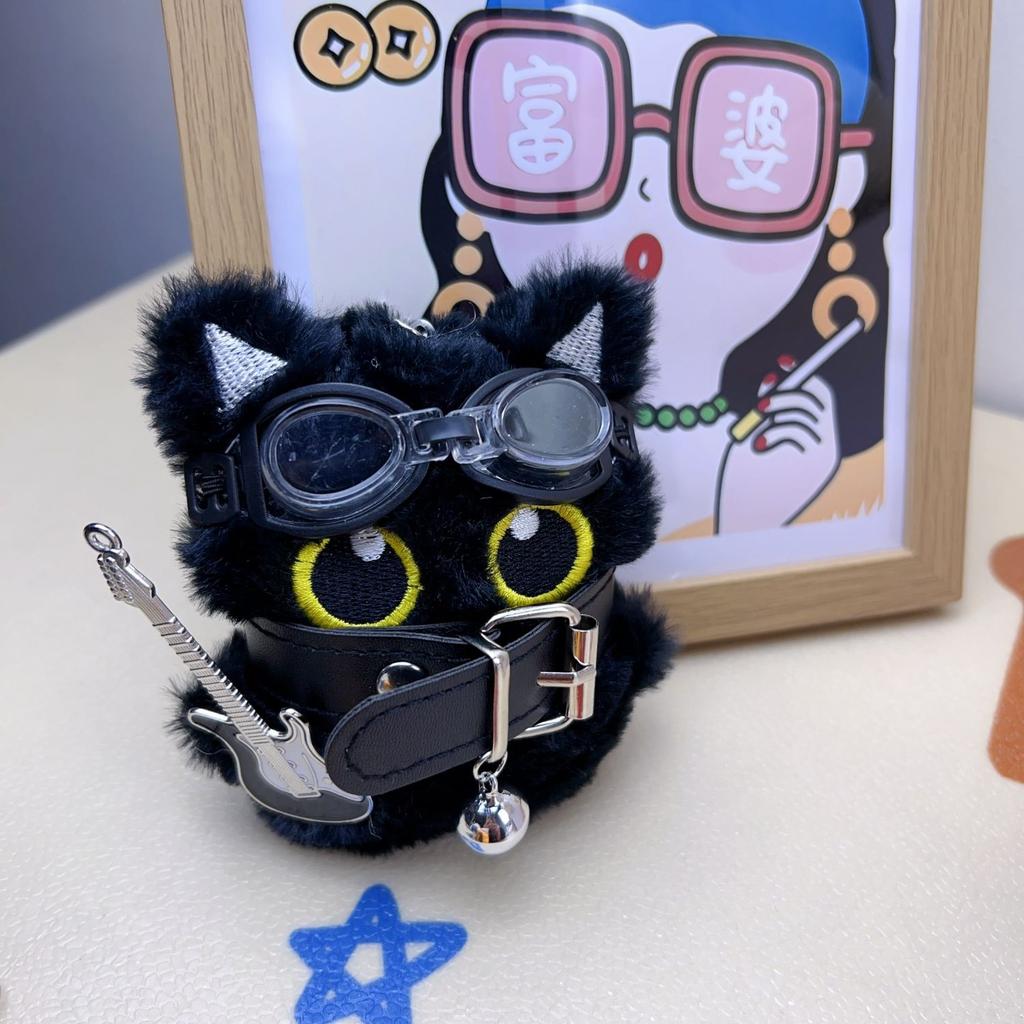 Cute Rock Music Black Cat Black Cat Keychain Punk Guitar Pendant Cat Ghost Wings Backpack Hanging Ornament  Back Parts