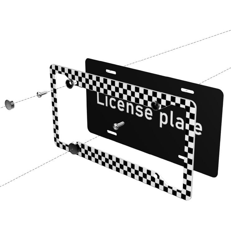 Black White Check Race Flag License Plate Frame - 1 Pcs Funny Aluminum Car License Plate Cover Black White Checkerboard License Plate Holder