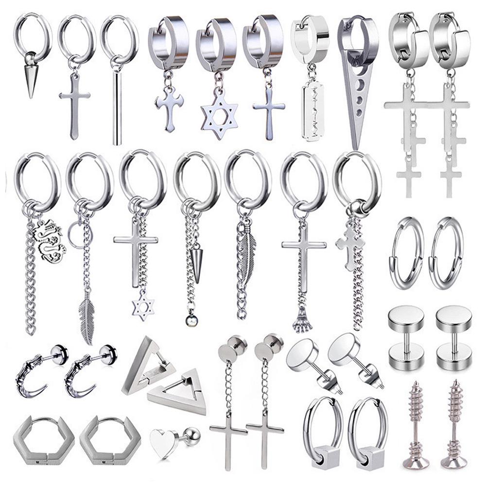 Newest 1 Pair Stainless Steel Cross Pendant Dangle Long Tassel Unisex Hoop Earrings Men/Women Punk Gothic Zircon Best Gifts