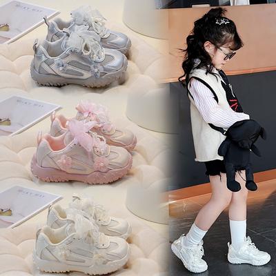 Girls Princess Sports Shoes Non-slip Flowers Mesh Lace Bow Kids Running Shoes Breathable 2025 New Children Casual Shoes Sweet