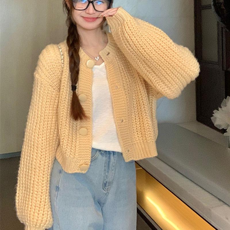 Loose Sweater Coat Women's Short Lazy Style Vintage Heavy-duty Knitted Cardigan Top Autumn Winter