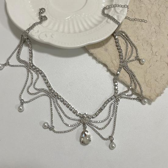 Sparkling Rhinestone Choker, Faux Diamond Drop Pendant Necklace, Multi-Layered Rhinestone Chain Choker with Faux Pearl Charms for Women Cocktail