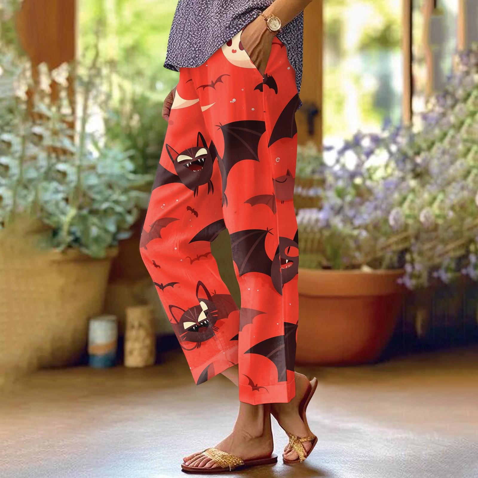 

Женская мода Хэллоуин принтованный карман эластичный пояс повседневные брюки повседневные свободные брюки M красный