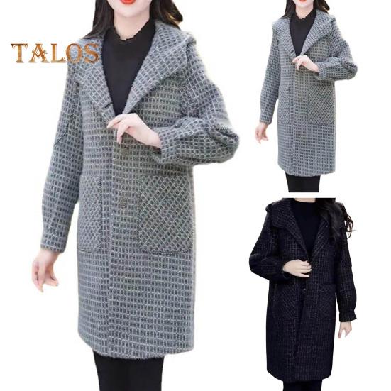 Damen-Wollmantel für Herbst und Winter mit Seitentaschen, Kapuze, einreihig, lockeres Karomuster, mittellang, dick, warm haltender Mantel für Pendeln, Dating, Reisen