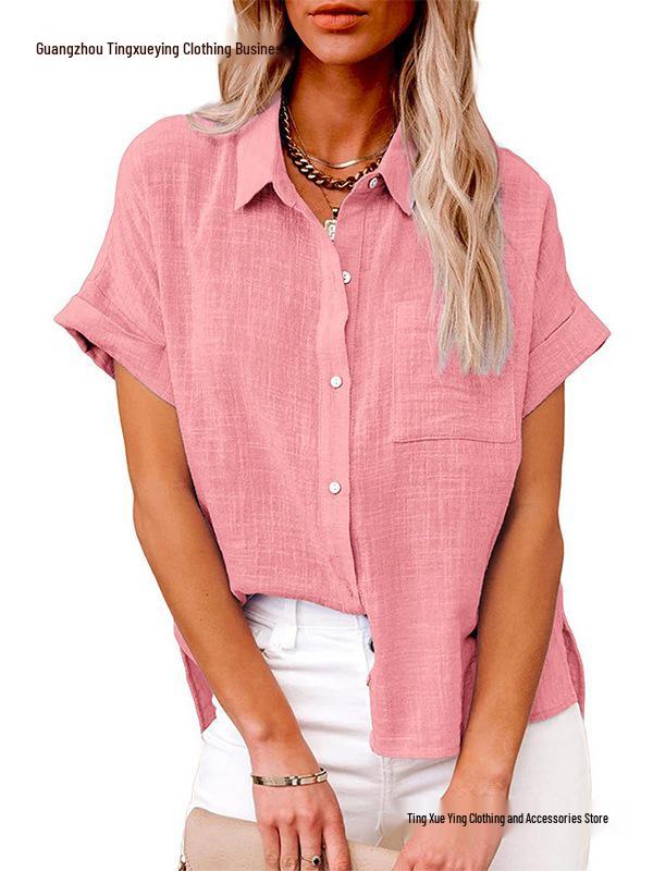 2026 Spring/Summer Women's Cotton Linen Pocket Short Sleeve Shirt