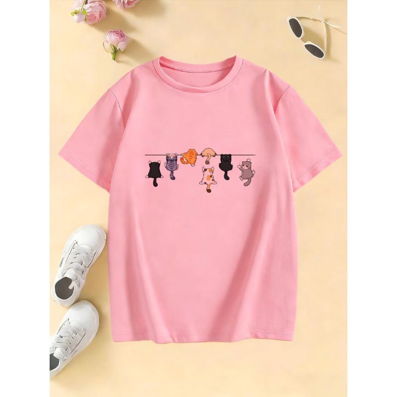 Kletternde Katze Muster Trendiges Design Druck T-Shirts Kurzarm Kinder Kinder-T-Shirt Jungen Mädchen Sommer Frühling Lässiges Oberteil Tee