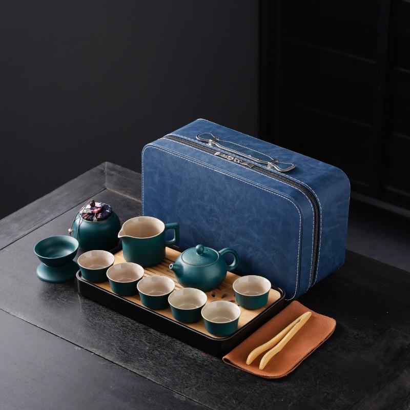 High-End Portable Ceramic Tea Set with Teapot, Teacups, and Tray for Household or Outdoor Use