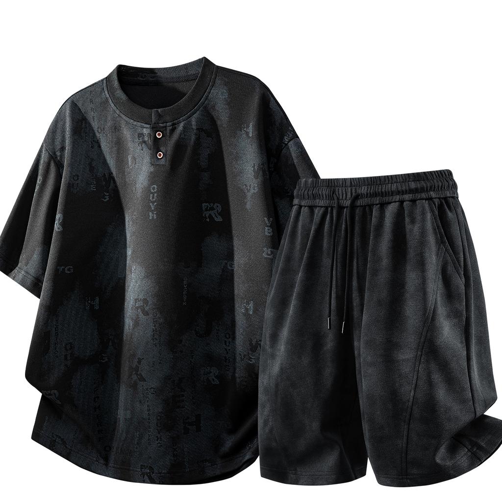 Men's Patchwork Top, Drawstring Design, Comfortable Two-piece Trousers Set