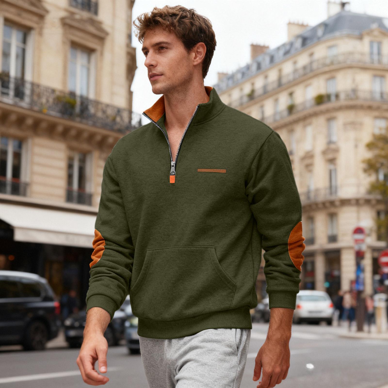 Men s Casual Oversized -Color Outdoor Fleece-Lined Patchwork Zipper Stand-Up Collar Sweatshirt L