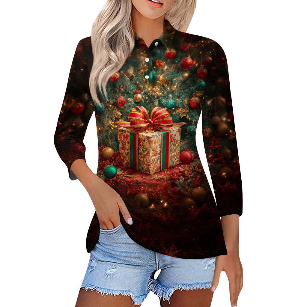 Women's Fashion Casual Button 3/4 Sleeve Vintage  Print Lapel Top