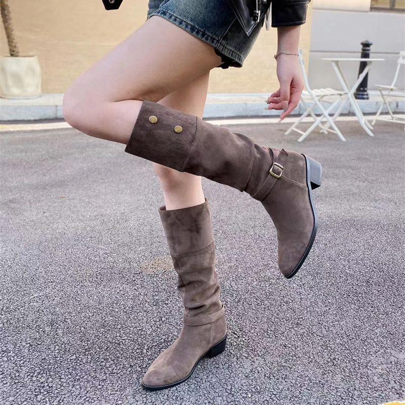 Belt Buckle Medium Heel Thick Heel Tall Tube Thin 2025 New Autumn Thin Boots Suede Brown Single Boots Long Boots Versatile